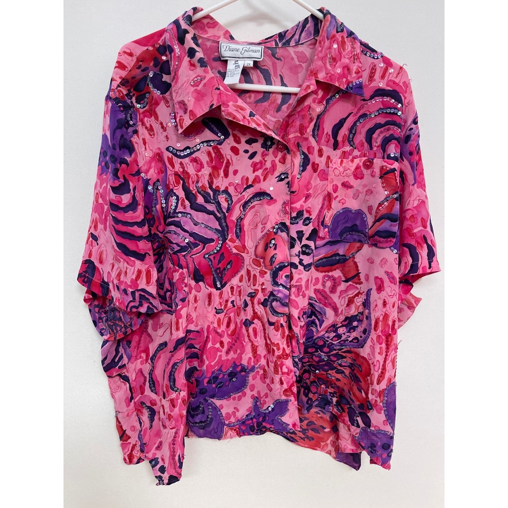 Diane Gilman 100% Silk Sequin Abstract Floral Button Down Shirt Pink Purple 2X